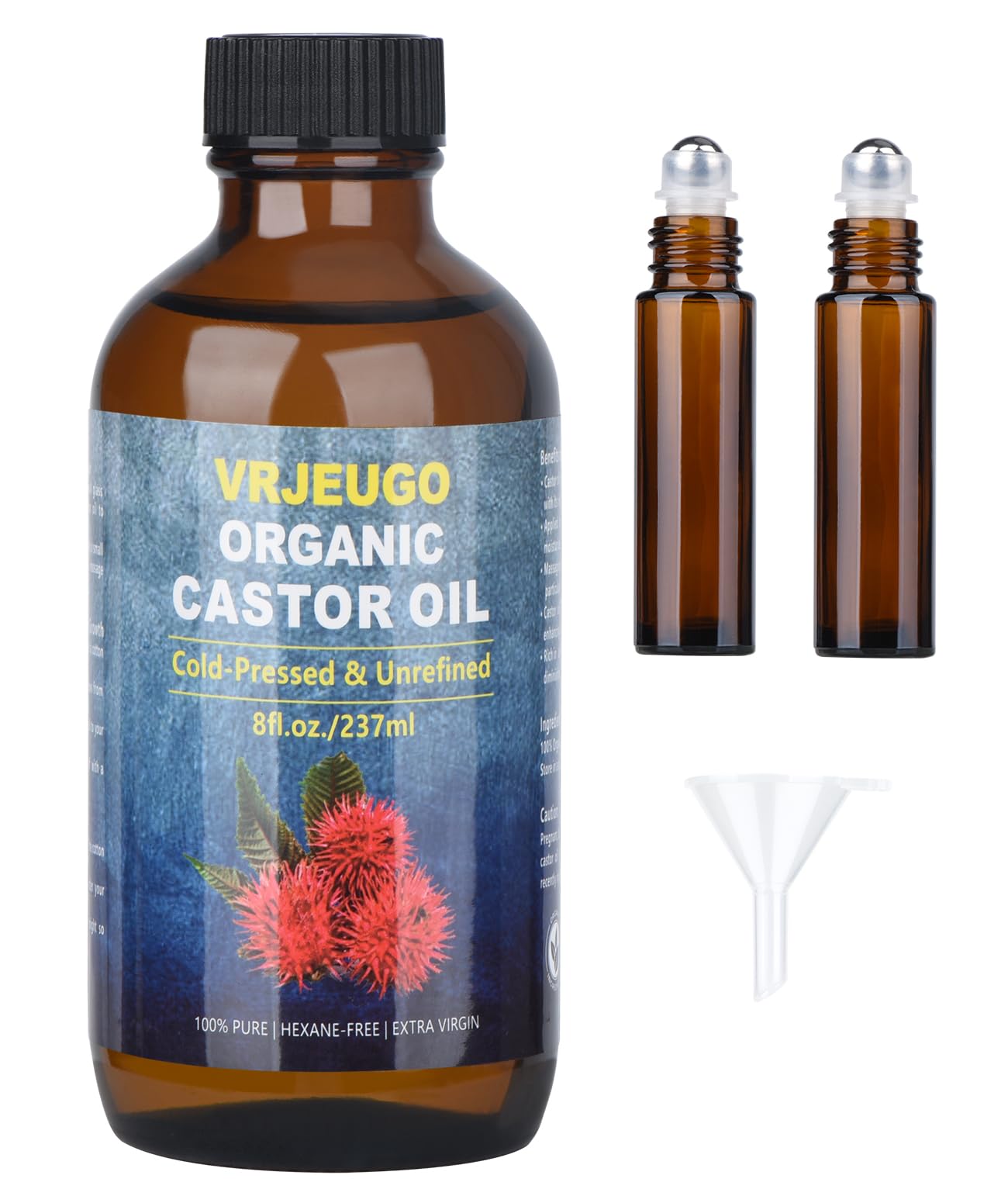 VRJEUGO Organic Castor Oil for Face Roll-On – Deep Hydration, Rollerball, 8oz Amber Glass (2 Rollers)