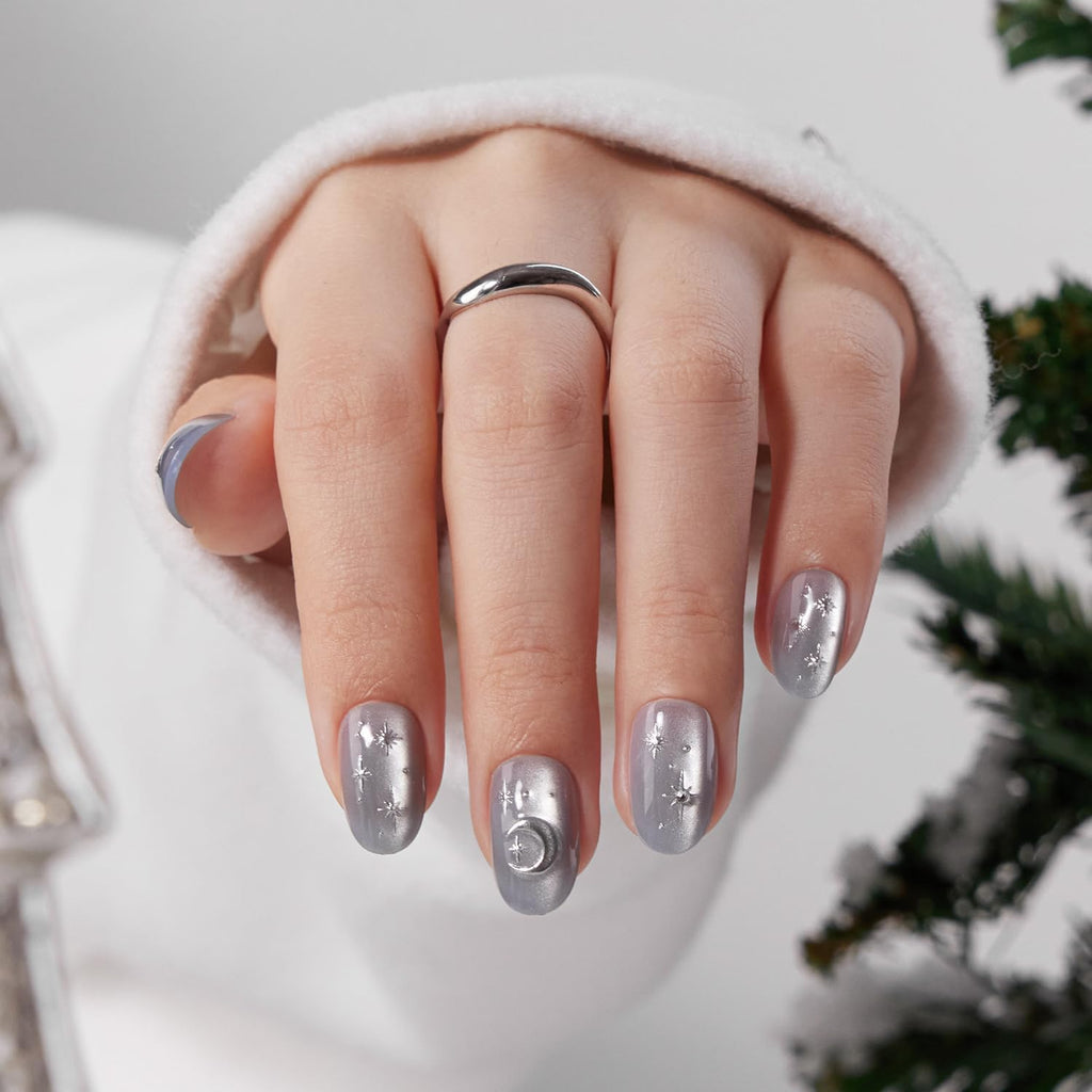 VSALON Press On Nails Short Oval – Silver Gray Cat Eye, 3D Star Moon Design