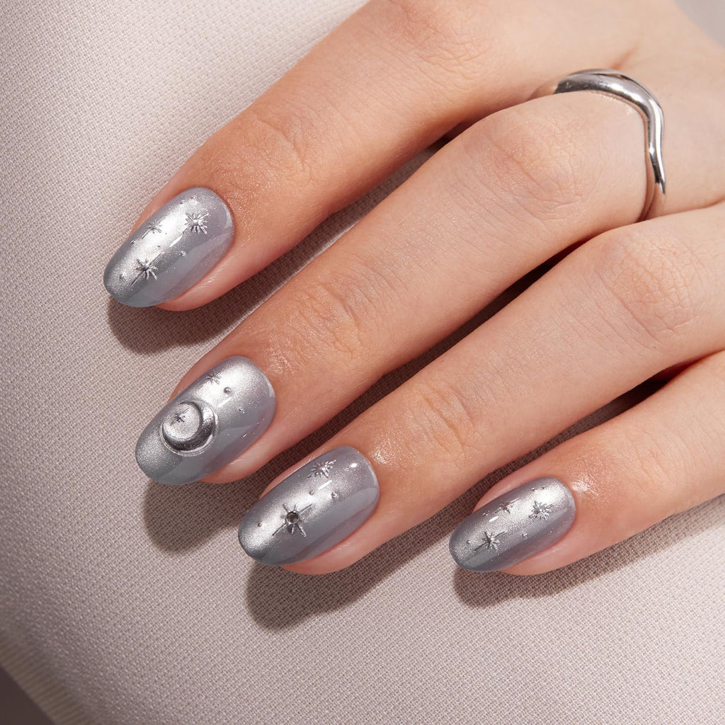VSALON Press On Nails Short Oval – Silver Gray Cat Eye, 3D Star Moon Design