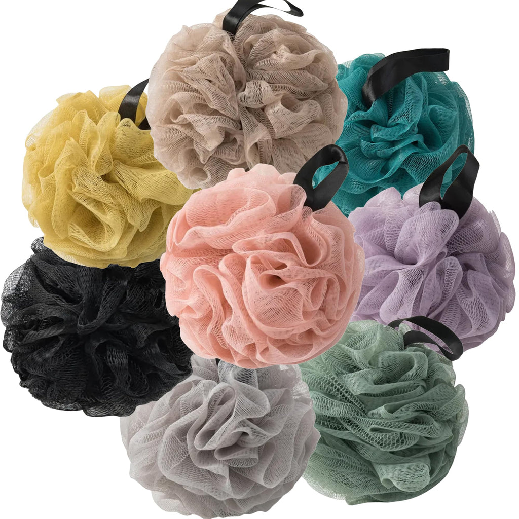 VVmotes Loofah Sponges for Shower – 8 Pack Multi-Color Set (Black, Dark Green, Peacock, Khaki, Gray, Pink, Purple, Yellow)
