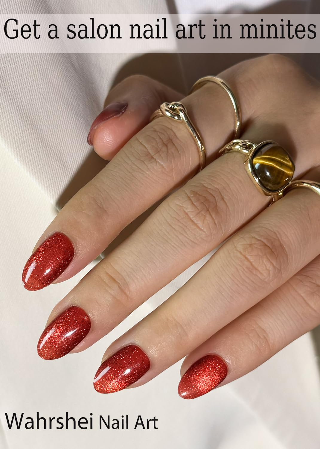 Wahrshei Semi Cured Gel Nail Strips – Red Cat Eye, 20pcs UV Sticker for DIY Home Manicure