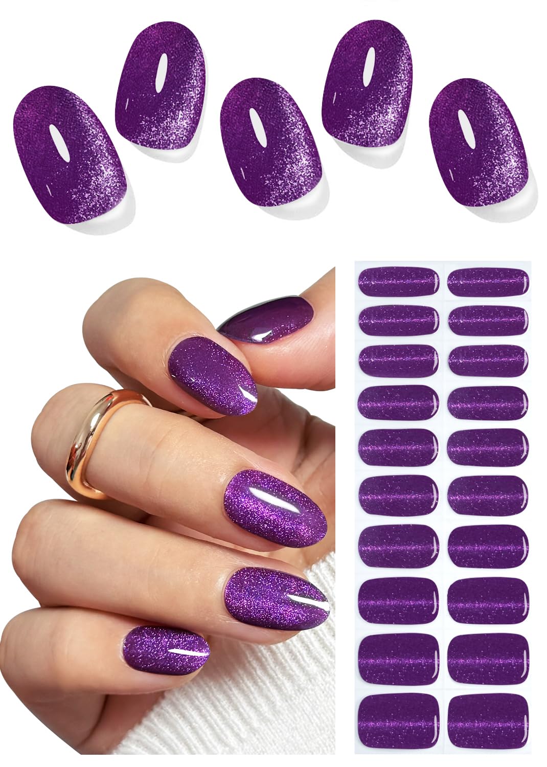Wahrshei Semi-Cured Gel Nail Strips – Purple Cat Eye (20pcs) for DIY Home Manicure