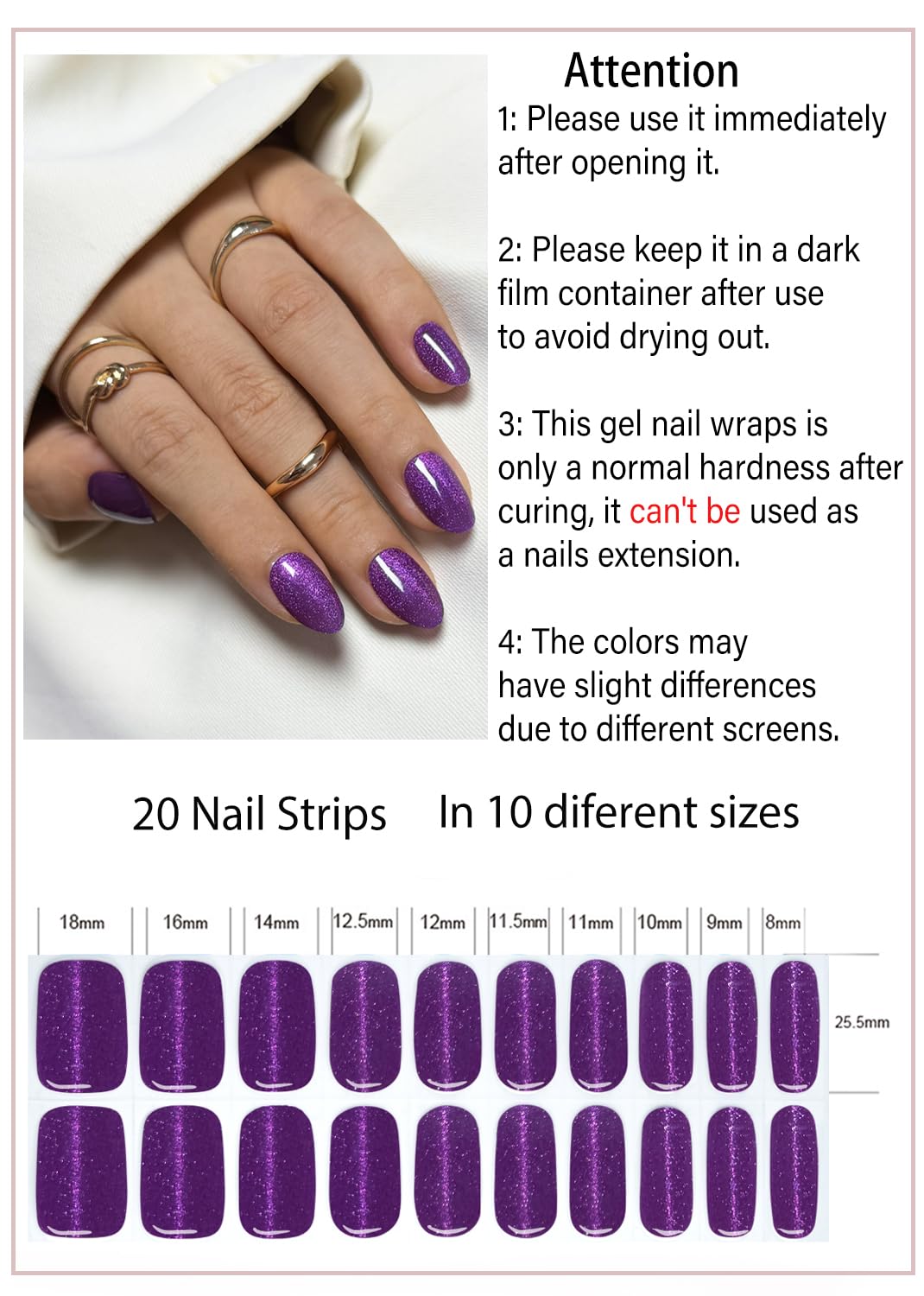 Wahrshei Semi-Cured Gel Nail Strips – Purple Cat Eye (20pcs) for DIY Home Manicure