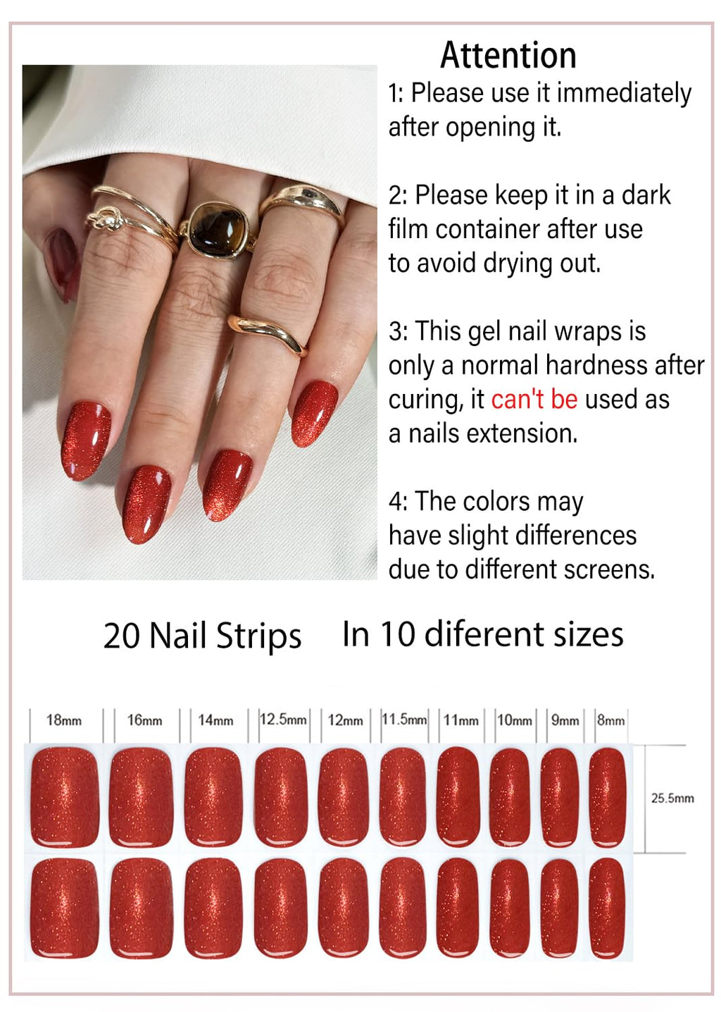 Wahrshei Semi Cured Gel Nail Strips – Red Cat Eye, 20pcs UV Sticker for DIY Home Manicure