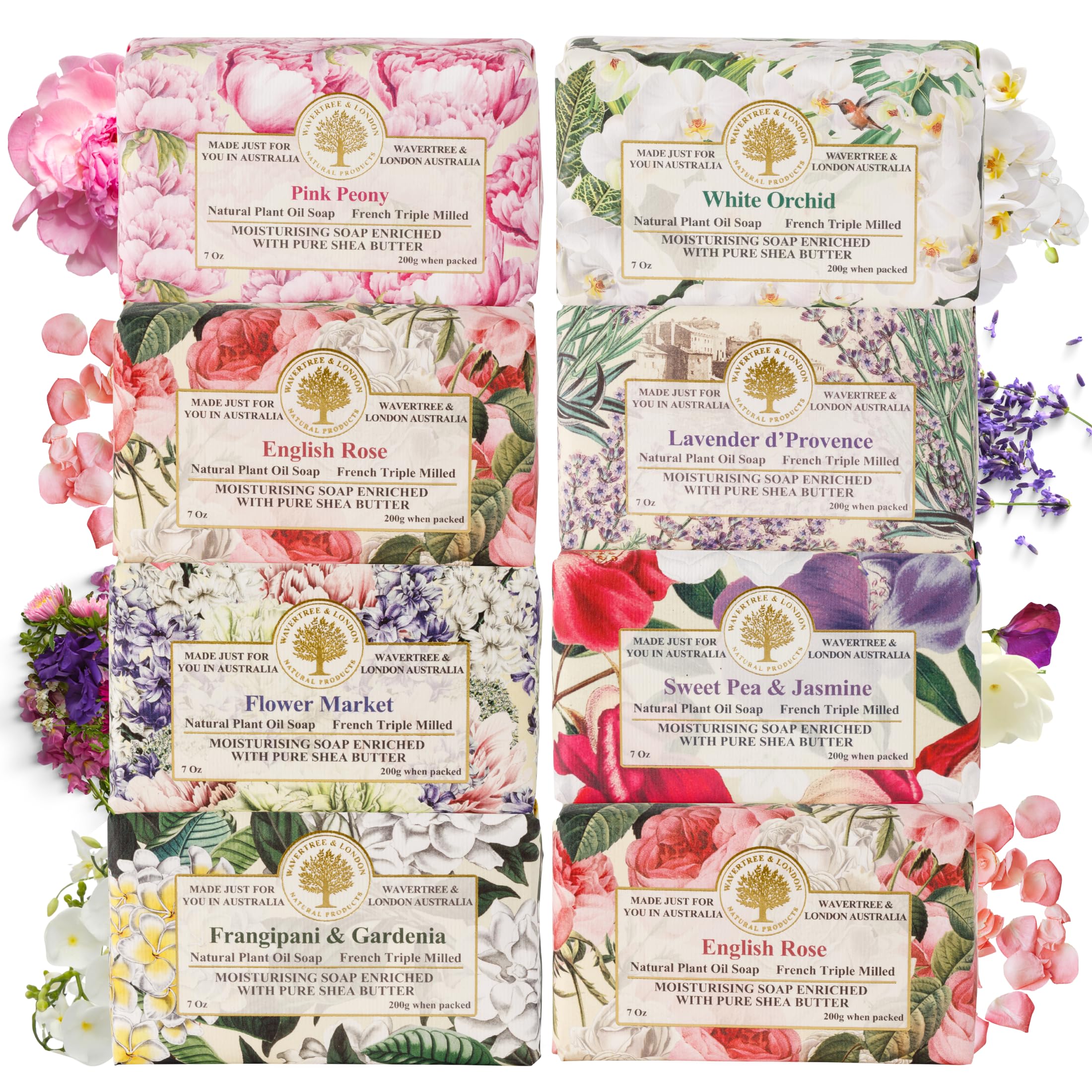 Wavertree & London Assorted Fabulous Florals Soap Bars (Pack of 8) – 7oz Triple-Milled with Shea Butter & Plant Oils