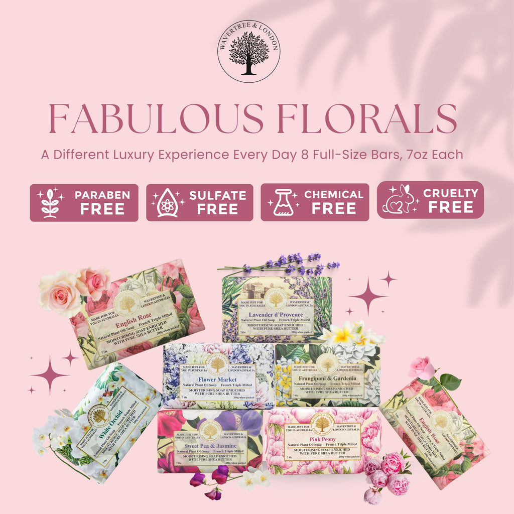 Wavertree & London Assorted Fabulous Florals Soap Bars (Pack of 8) – 7oz Triple-Milled with Shea Butter & Plant Oils
