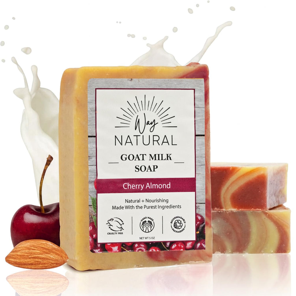 Way Natural Goat Milk Soap Bar Cherry Almond (3 Pack) – Premium Handmade in USA, 5oz Each
