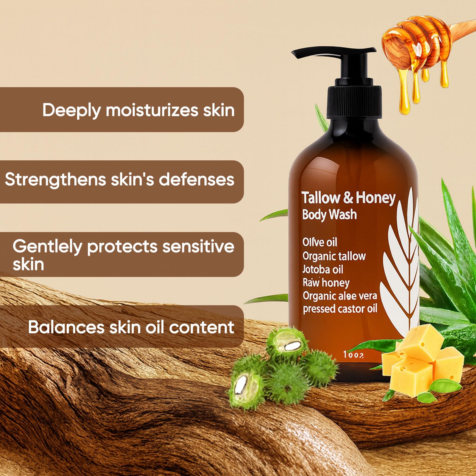 WDVNEX Tallow & Honey Body Wash – Grass-Fed Tallow, Olive Oil & Aloe (10 oz)