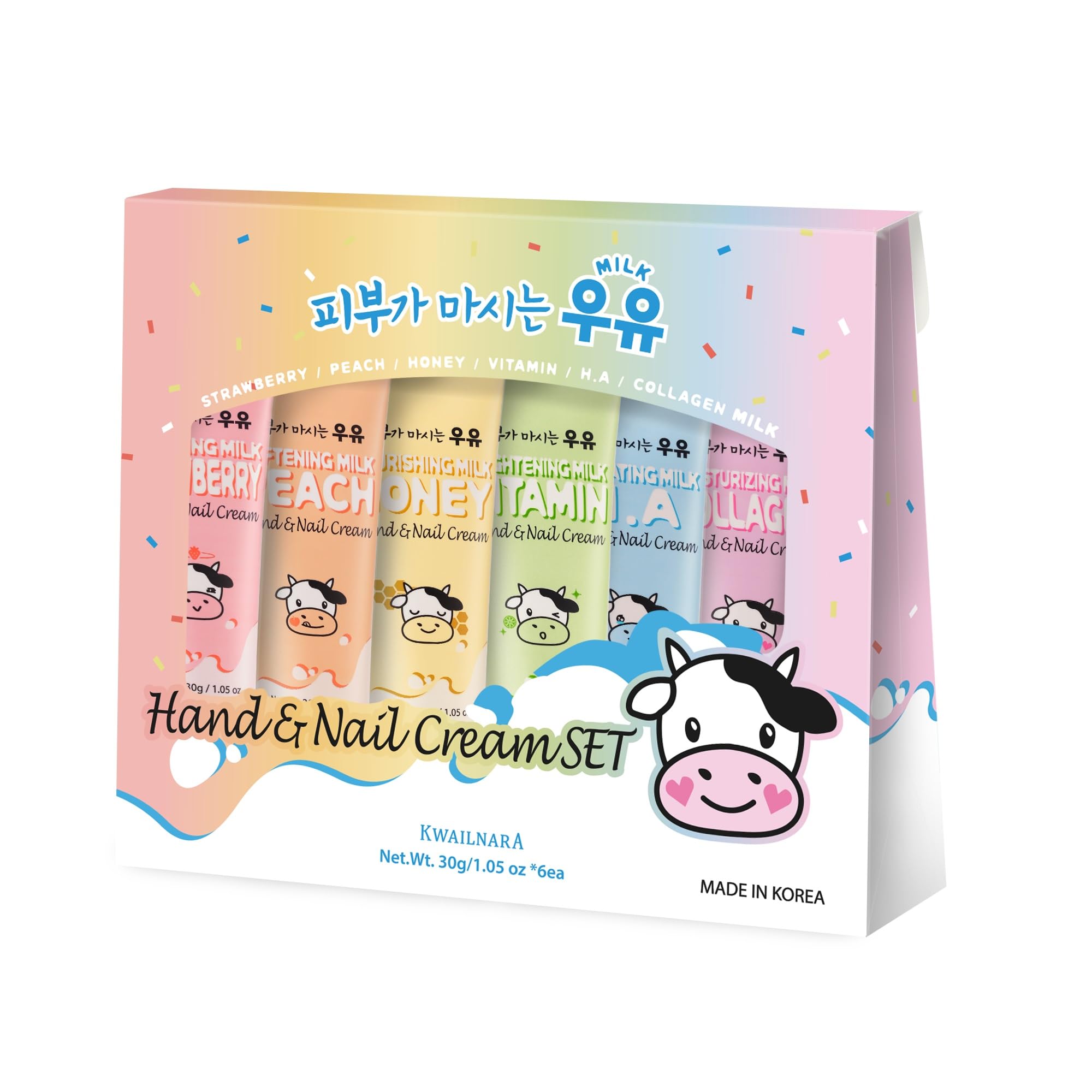 KWAILNARA Milk Hand & Nail Cream Gift Set (6-Pack) – Korean Hand Cream Variety by WELCOS | Strawberry, Peach, Honey, Vitamin, Hyaluronic, Collagen