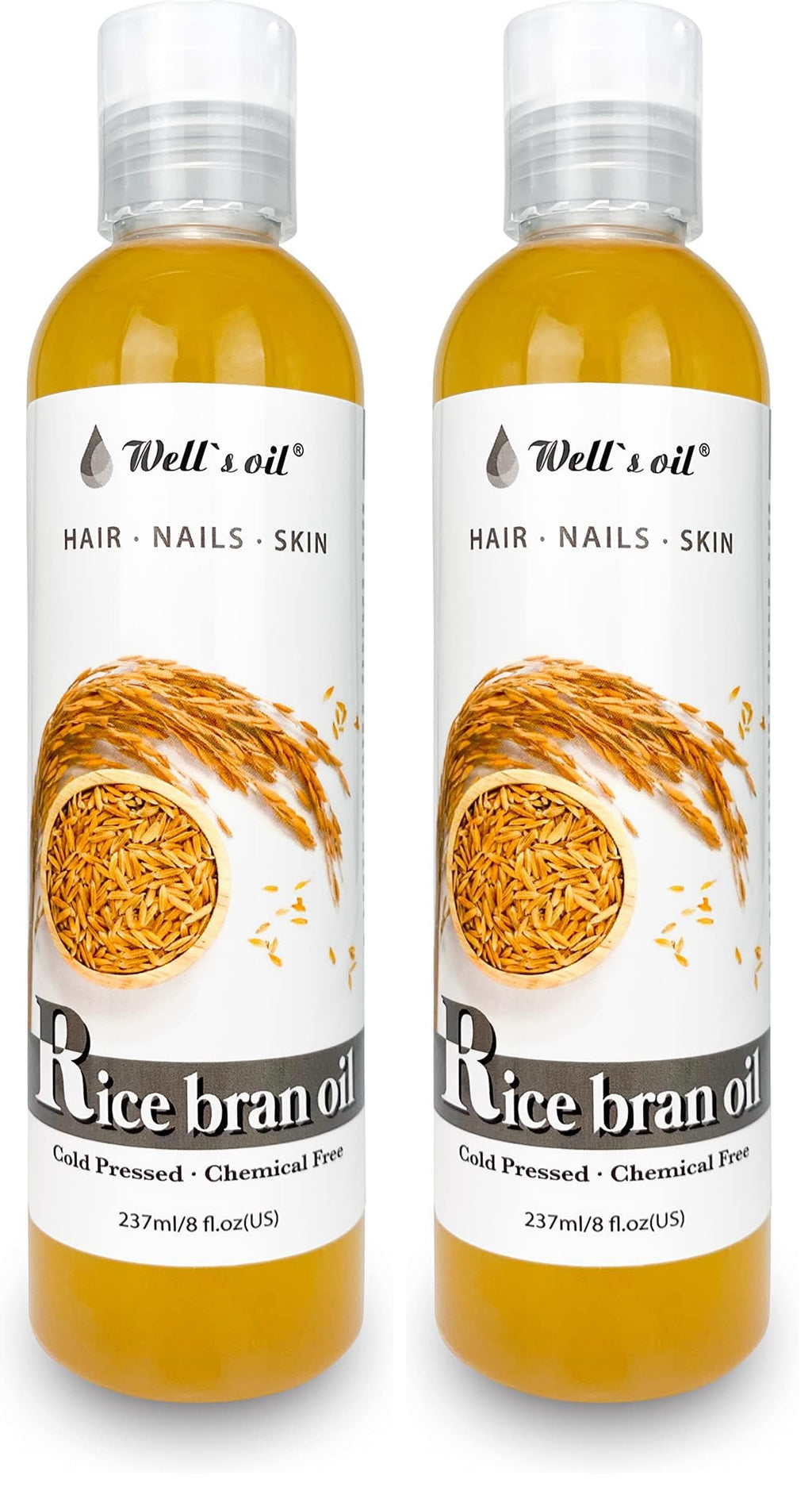 Well's Oil Rice Bran Oil — 100% Pure Carrier Oil, Refined & Cold Pressed, For Body, Skin & Hair (8 fl oz / 237 ml) Pack of 2