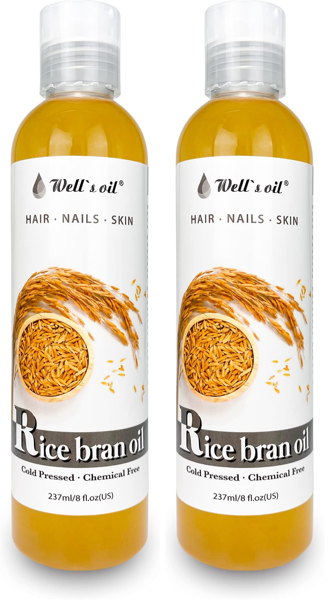 Well's Oil Rice Bran Oil — 100% Pure Carrier Oil, Refined & Cold Pressed, For Body, Skin & Hair (8 fl oz / 237 ml) Pack of 2