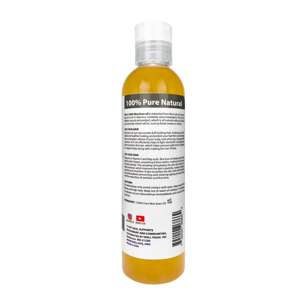Well's Oil Rice Bran Oil — 100% Pure Carrier Oil, Refined & Cold Pressed, For Body, Skin & Hair (8 fl oz / 237 ml) Pack of 2
