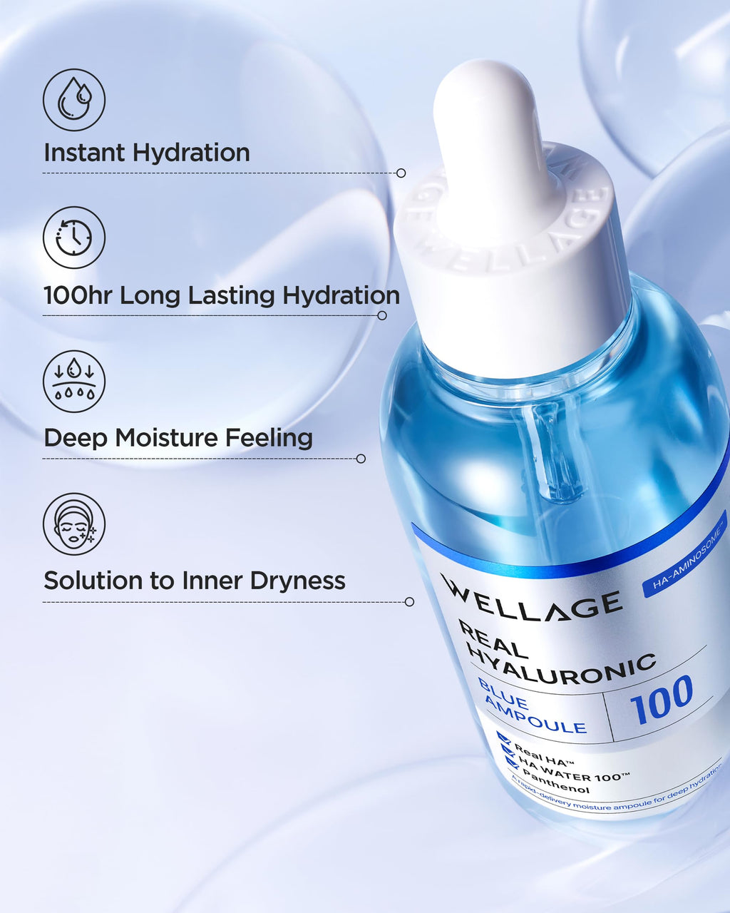 Wellage Real Hyaluronic Blue Ampoule 100% Hyaluronic Serum - Fragrance-Free for Sensitive Dry Skin
