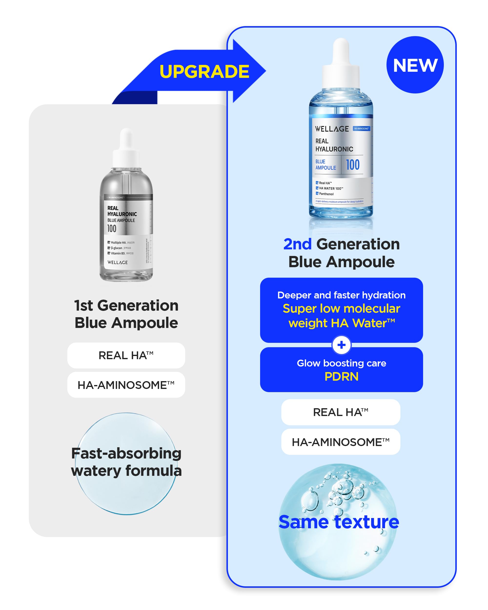 Wellage Real Hyaluronic Blue Ampoule 100% Hyaluronic Serum - Fragrance-Free for Sensitive Dry Skin