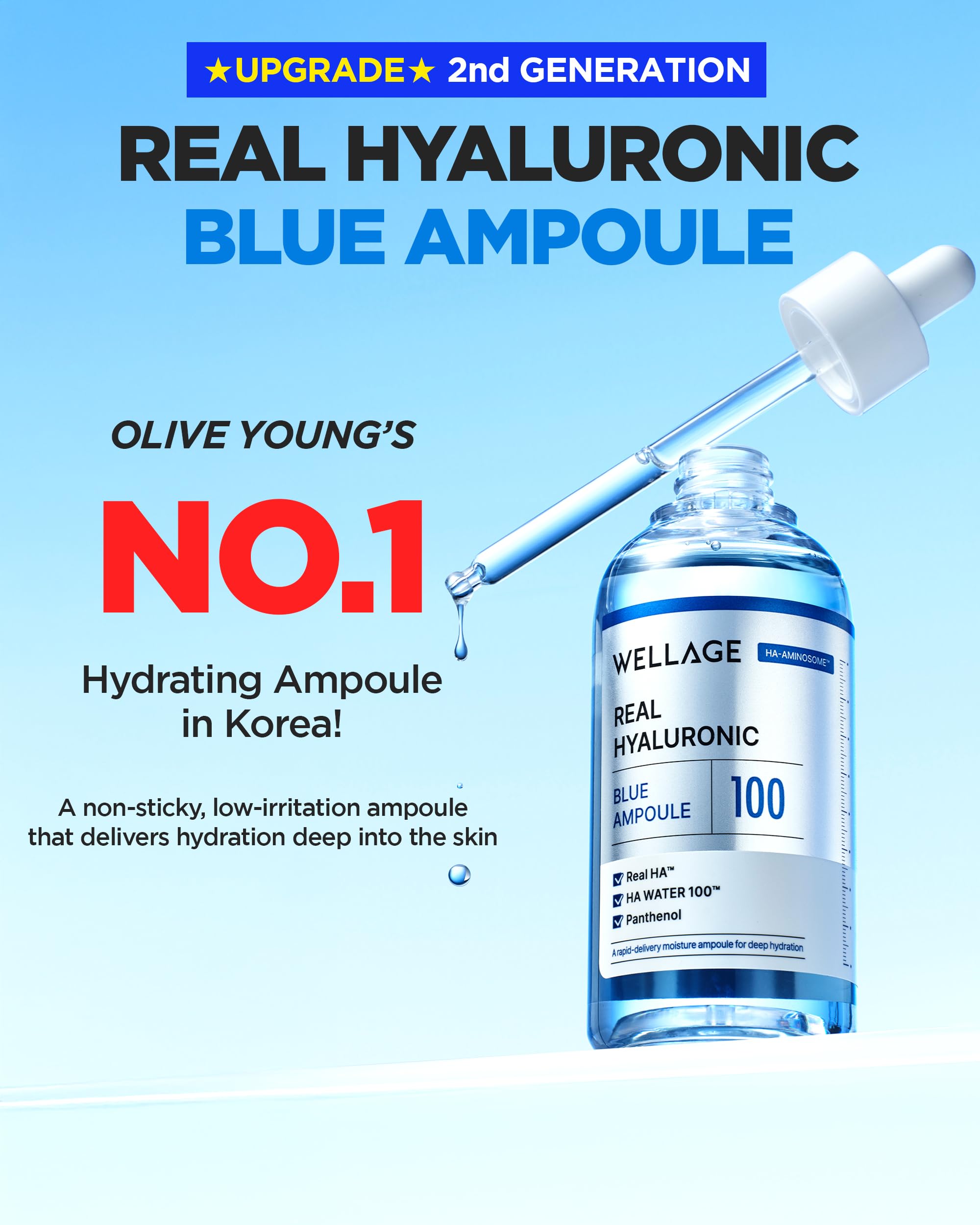 Wellage Real Hyaluronic Blue Ampoule 100% Hyaluronic Serum - Fragrance-Free for Sensitive Dry Skin
