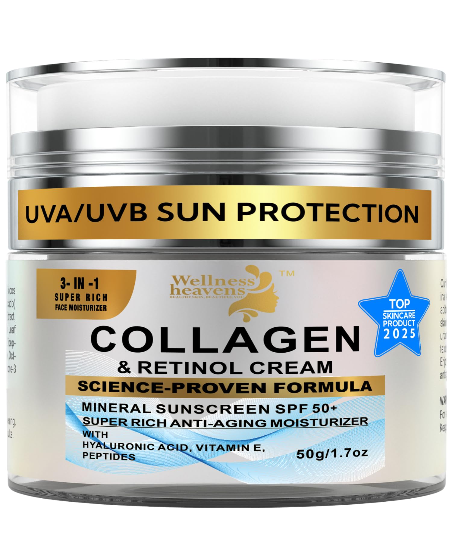 Wellness Heavens Anti-Aging Face Moisturizer with SPF 50 – Collagen, Retinol & Hyaluronic Acid