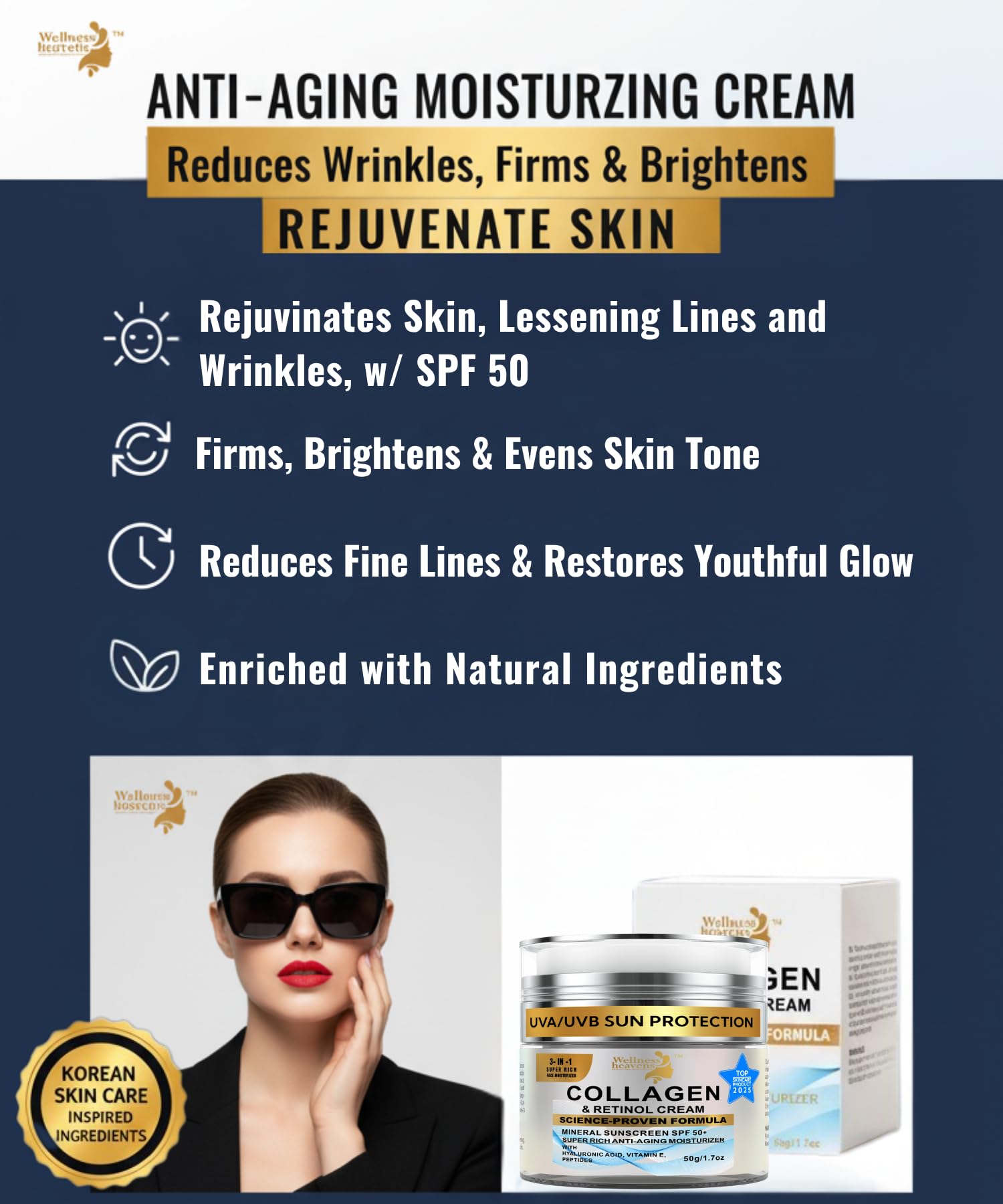 Wellness Heavens Anti-Aging Face Moisturizer with SPF 50 – Collagen, Retinol & Hyaluronic Acid