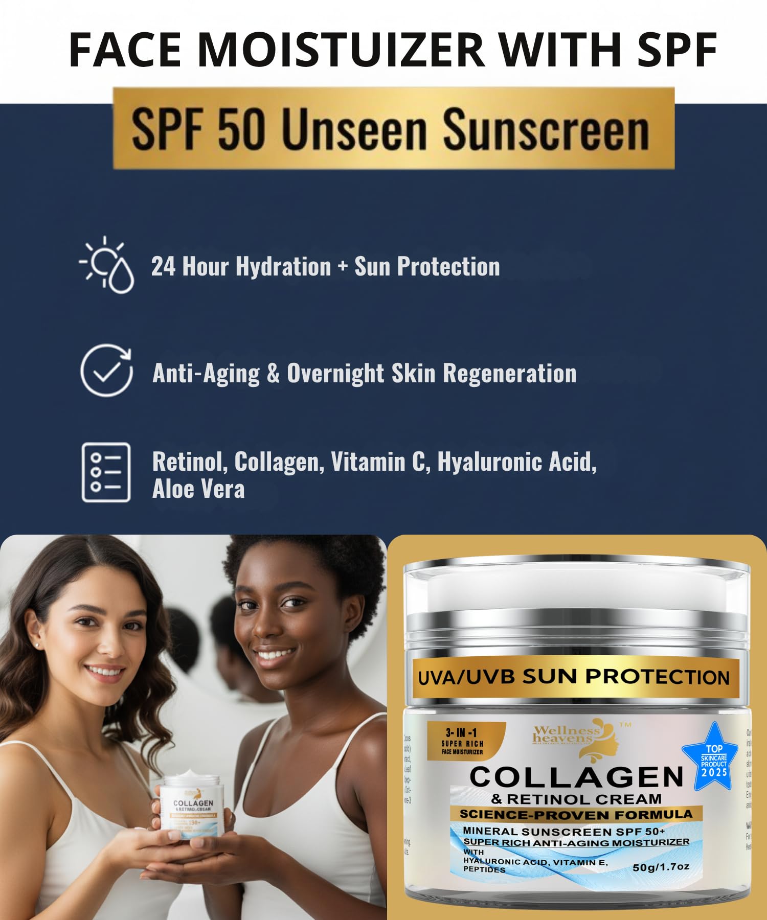 Wellness Heavens Anti-Aging Face Moisturizer with SPF 50 – Collagen, Retinol & Hyaluronic Acid