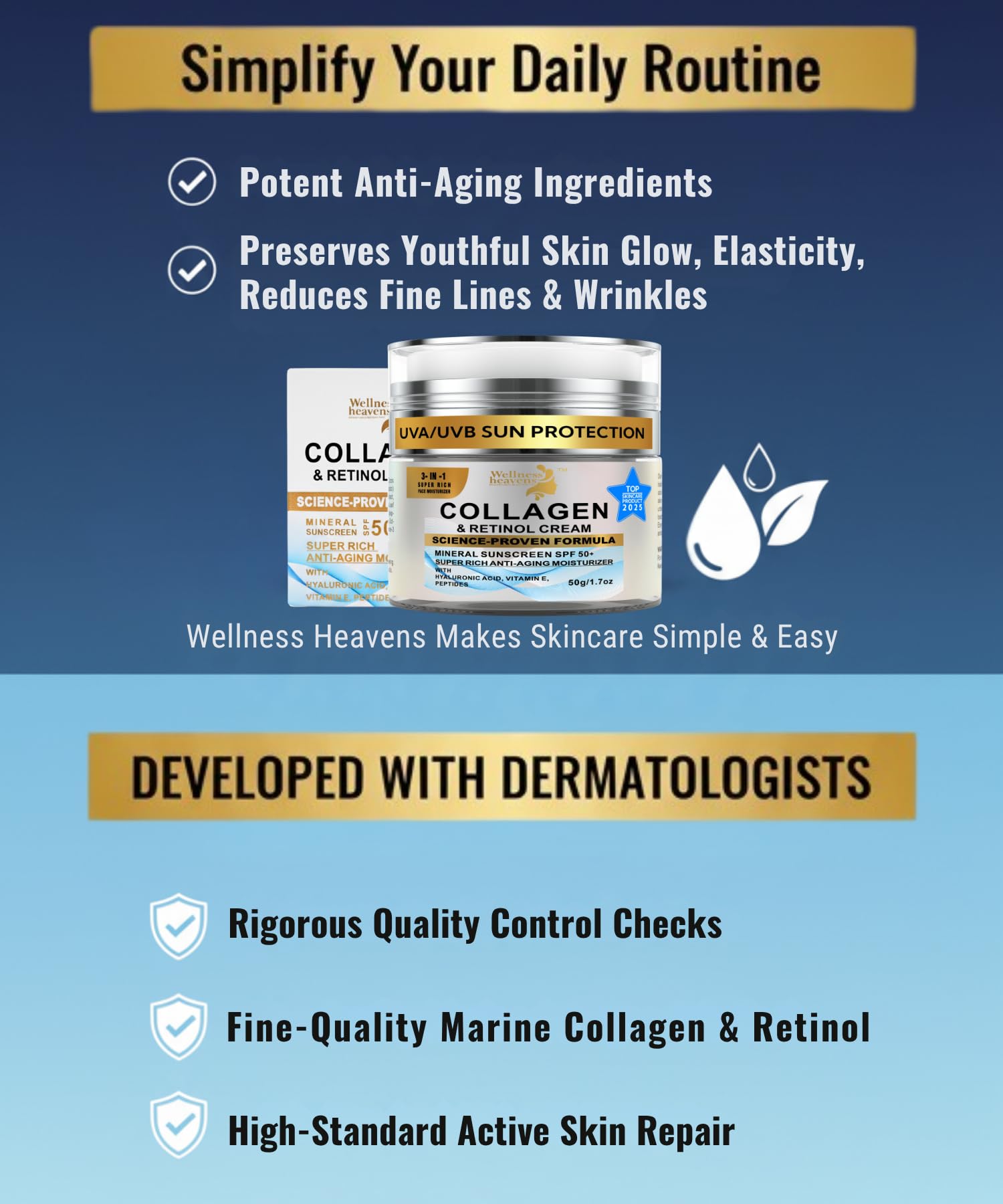 Wellness Heavens Anti-Aging Face Moisturizer with SPF 50 – Collagen, Retinol & Hyaluronic Acid