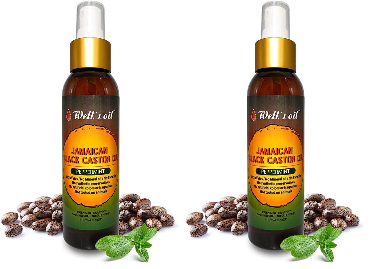 Well's Oil Peppermint + Jamaican Black Castor Oil Spray – 4oz (118ml) Hair Detangler & Leave-In Conditioner (Pack of 2)
