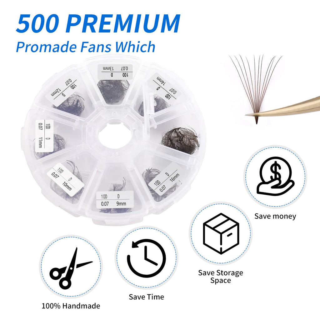 Wendy Lashes Volume 10D Brown Premade Fans 500pcs – 0.07mm, 9-16mm Mixed, C/D Curl