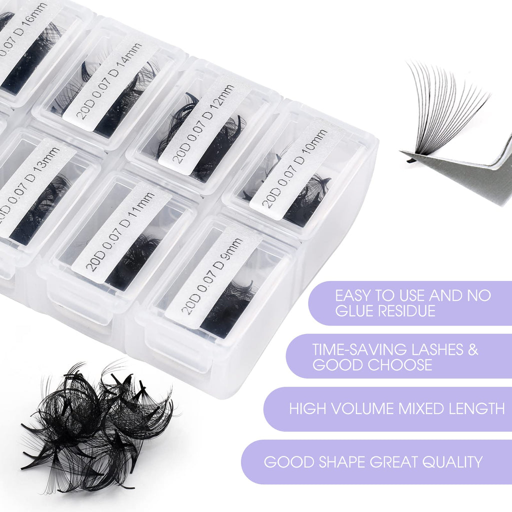 Wendy Lashes 1200 Fans Premade Lash Extensions – 9-20mm Mixed Tray, 20D, C Curl, 0.07