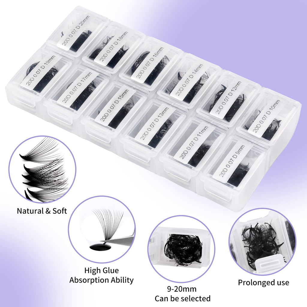 Wendy Lashes 1200 Fans Premade Lash Extensions – 9-20mm Mixed Tray, 20D, C Curl, 0.07