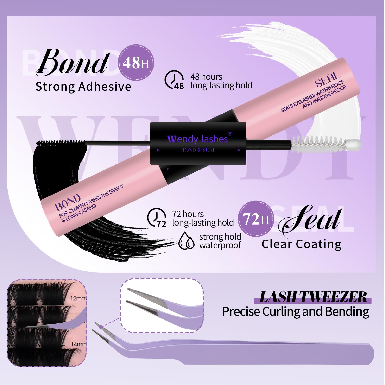 Wendy Lashes DIY Lash Extension Kit 100D/200D – 12-18mm Lash Clusters, Bond & Seal, Tweezers