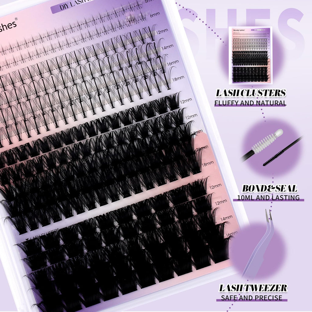 Wendy Lashes DIY Lash Extension Kit 100D/200D – 12-18mm Lash Clusters, Bond & Seal, Tweezers