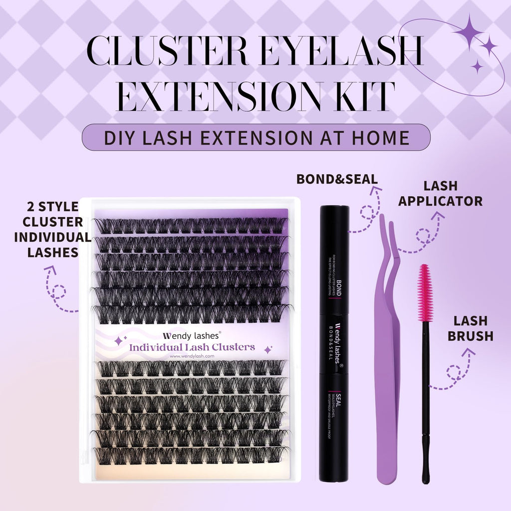 Wendy Lashes Lash Clusters Kit – DIY Home Extensions, Ultra-light, Natural Look, 12-16mm C Curl