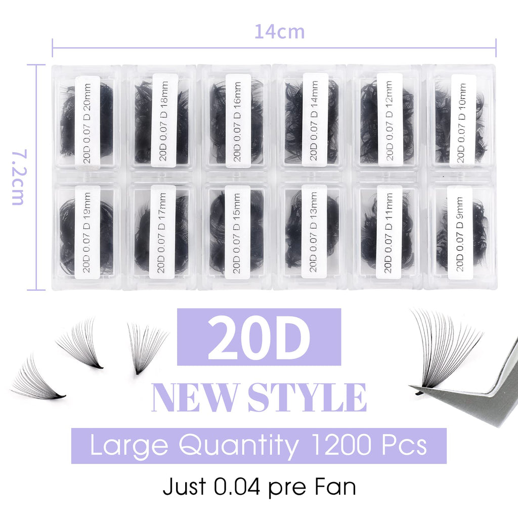 Wendy Lashes 1200 Fans Premade Lash Extensions – 9-20mm Mixed Tray, 20D, C Curl, 0.07