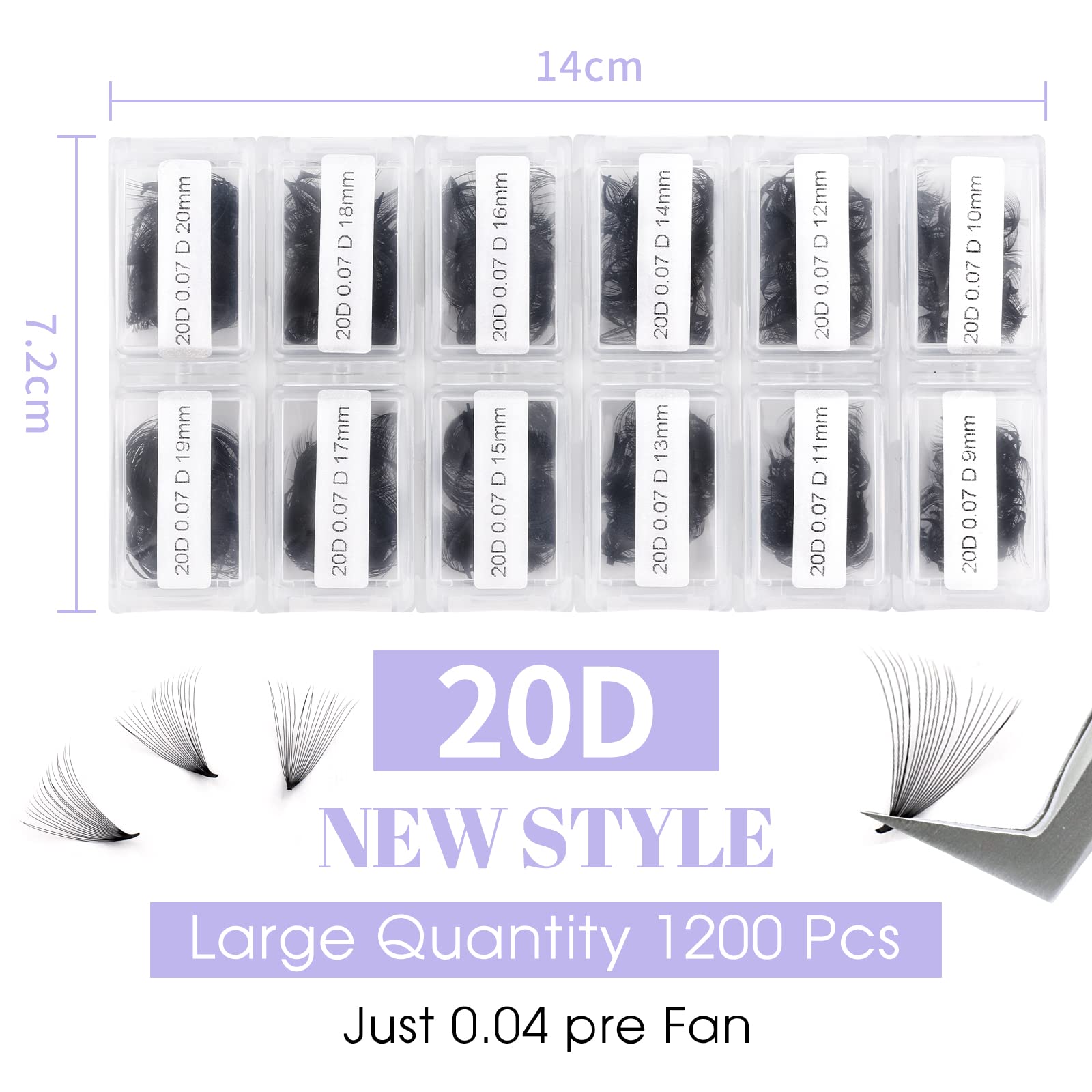 Wendy Lashes 1200 Fans Premade Lash Extensions – 9-20mm Mixed Tray, 20D, C Curl, 0.07