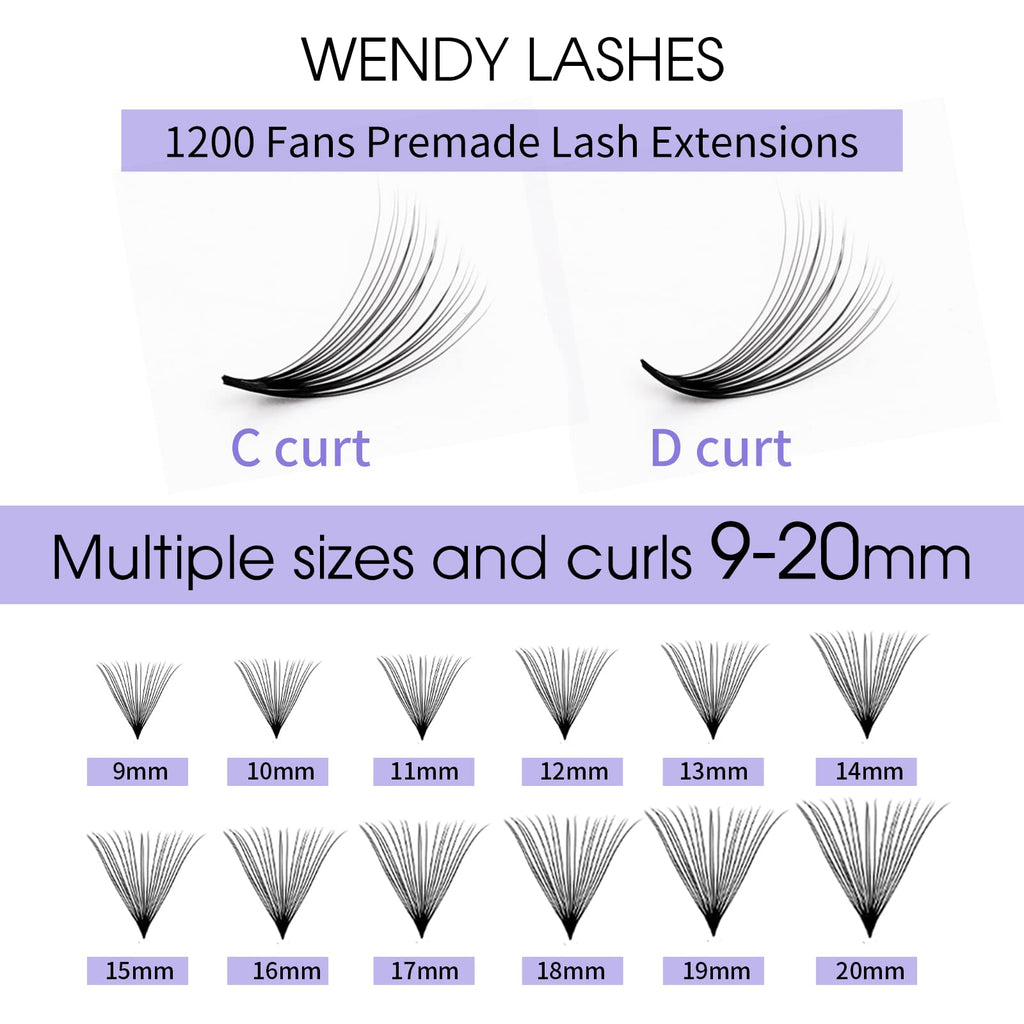 Wendy Lashes 1200 Fans Premade Lash Extensions – 9-20mm Mixed Tray, 20D, C Curl, 0.07
