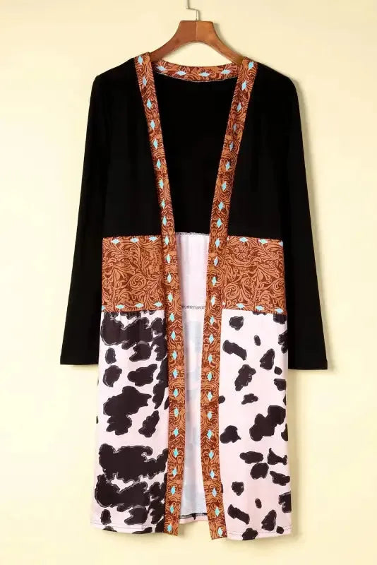 Western Cow Print Patchwork Open Front Duster Cardigan Women UK