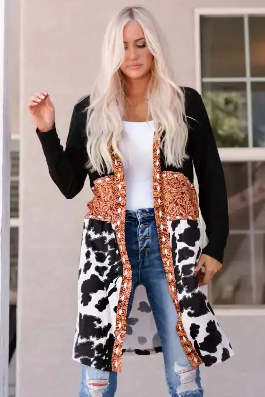 Western Cow Print Patchwork Open Front Duster Cardigan Women UK