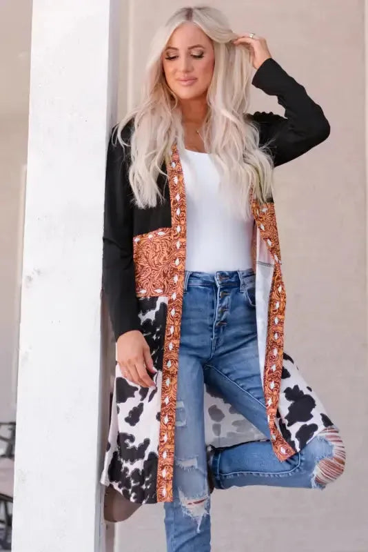 Western Cow Print Patchwork Open Front Duster Cardigan Women UK