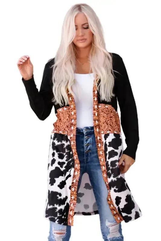 Western Cow Print Patchwork Open Front Duster Cardigan Women UK