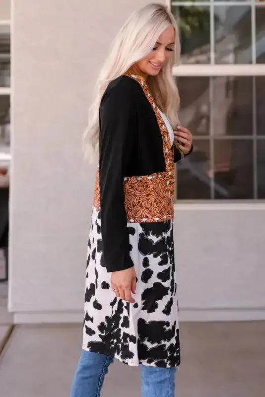 Western Cow Print Patchwork Open Front Duster Cardigan Women UK