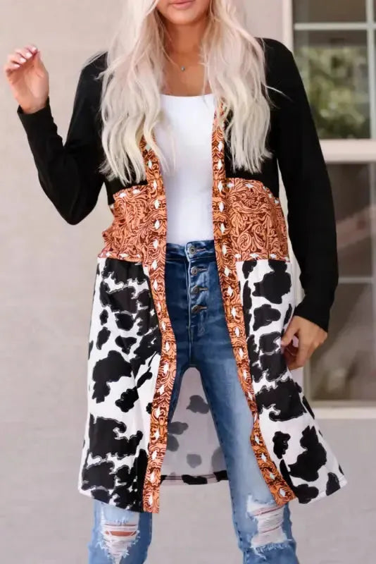 Western Cow Print Patchwork Open Front Duster Cardigan Women UK