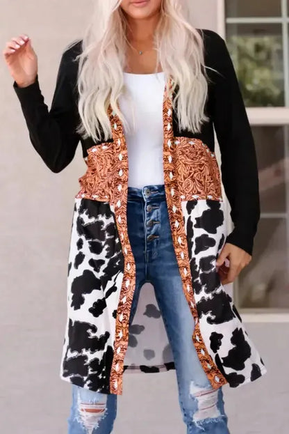 Western Cow Print Patchwork Open Front Duster Cardigan Women UK