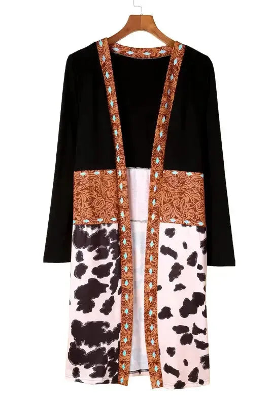 Western Cow Print Patchwork Open Front Duster Cardigan Women UK