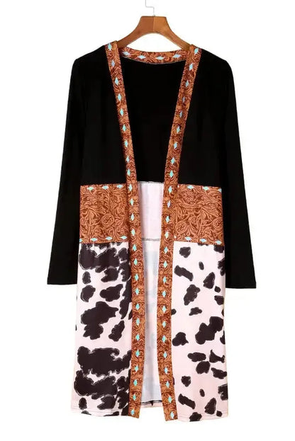 Western Cow Print Patchwork Open Front Duster Cardigan Women UK
