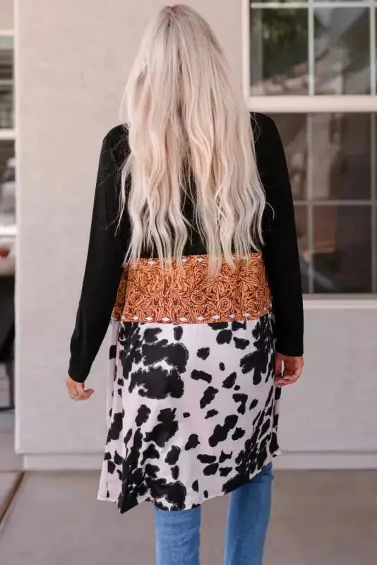 Western Cow Print Patchwork Open Front Duster Cardigan Women UK
