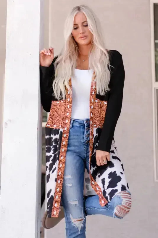 Western Cow Print Patchwork Open Front Duster Cardigan Women UK