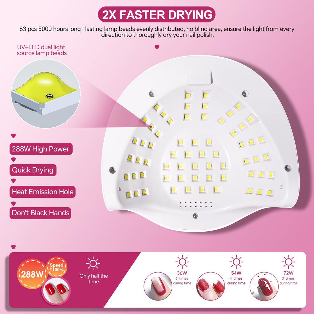 WEVILI 288W UV LED Nail Lamp with 63 Beads – Fast Gel Curing, Smart Sensor, 4 Timers, Pink