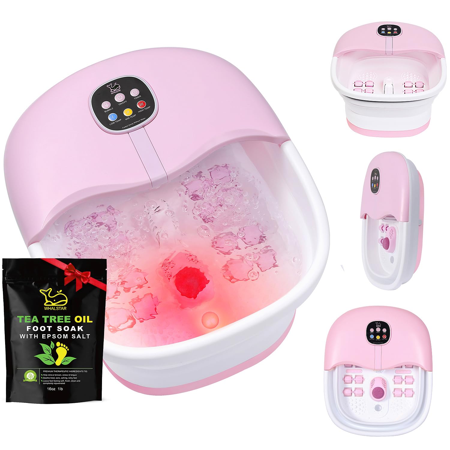 WHALSTAR Collapsible Foot Spa Bath Massager – Heat, Bubbles, Jets (Pink)