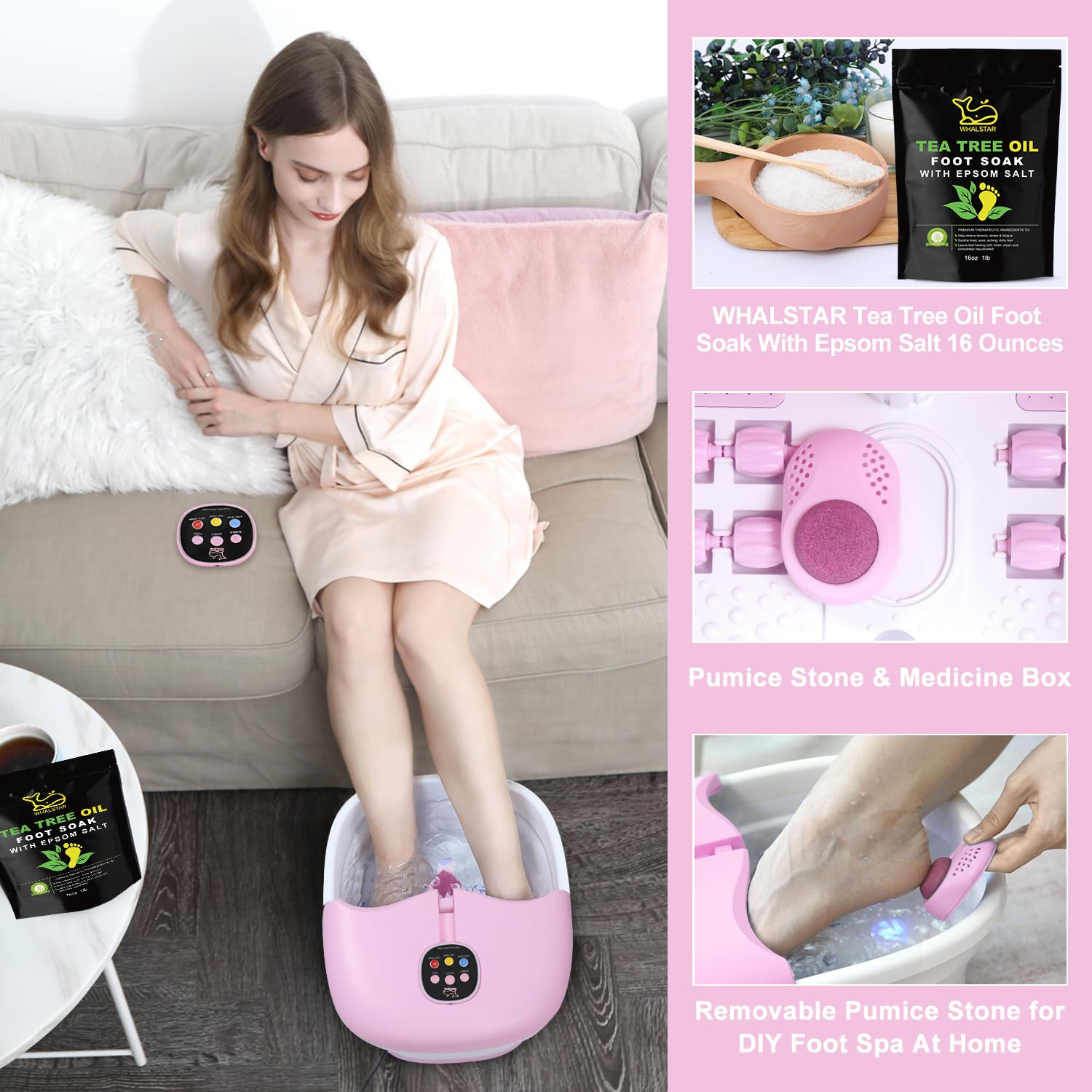WHALSTAR Collapsible Foot Spa Bath Massager – Heat, Bubbles, Jets (Pink)
