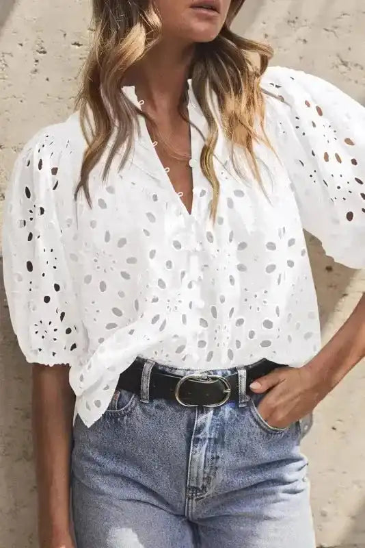 White Puff Sleeve Cutwork Embroidered Blouse Women UK