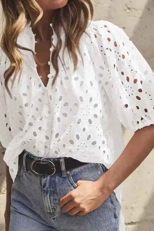 White Puff Sleeve Cutwork Embroidered Blouse Women UK