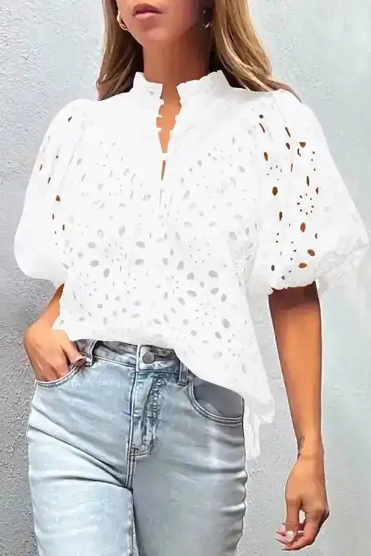 White Puff Sleeve Cutwork Embroidered Blouse Women UK
